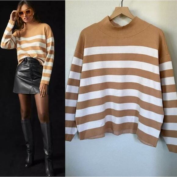 Anthropologie Maeve The Carys Mock Neck Sweater in Neutral Motif Stripe - Size L - Picture 3 of 5